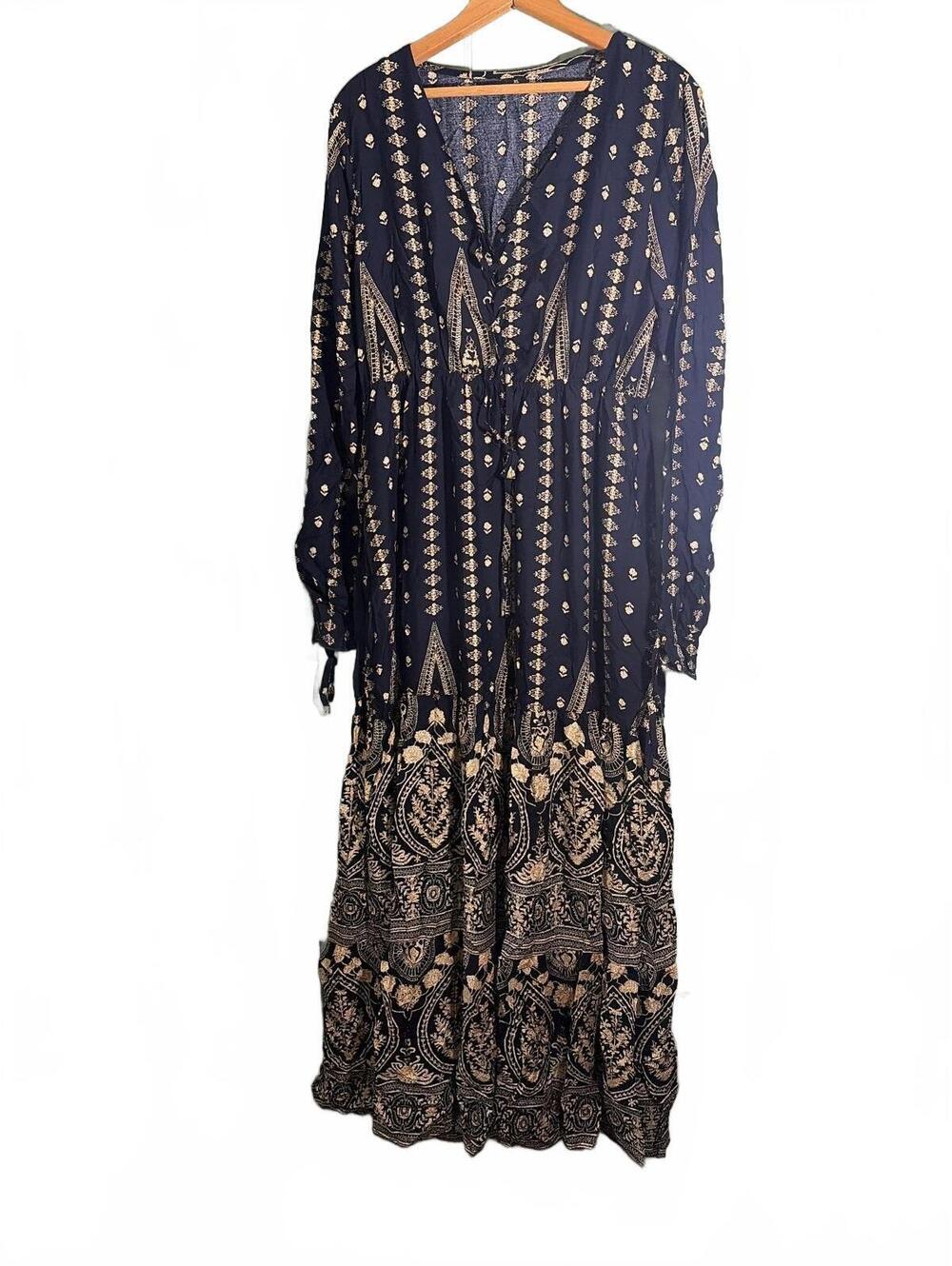 Bohemian Style Long Sleeve Maxi Dress with Tie Front in Navy and Cream XL